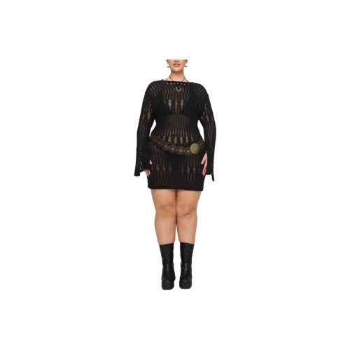 PRINCESS POLLY CYLIAN LONG SLEEVE KNIT MINI DRESS CURVE Long-Sleeved Dresses Women's BLACK/Black