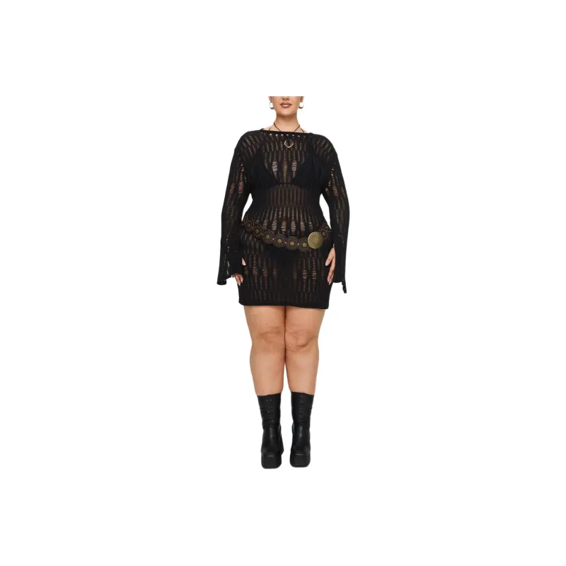 PRINCESS POLLY CYLIAN LONG SLEEVE KNIT MINI DRESS CURVE Long-Sleeved Dresses Women's BLACK/Black-0