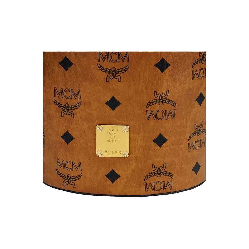 MCM Visetos Leather Cylinder Bag, One Shoulder Crossbody Bag, Shoulder Bag Small Size Women's Brown Cognac-4