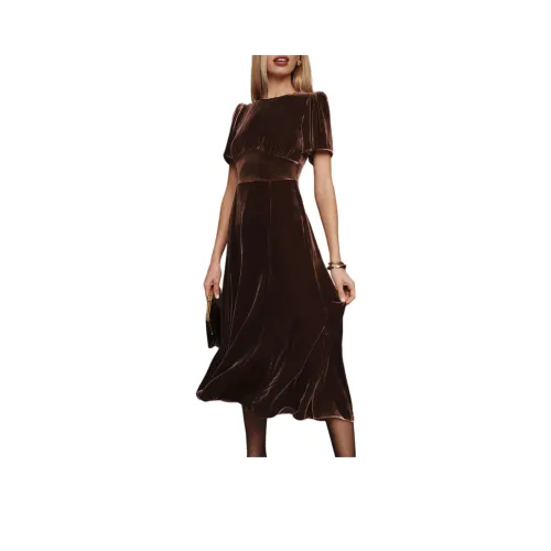 REFORMATION Quinne Velvet Dress Short-Sleeved Dresses Women's Mahogany