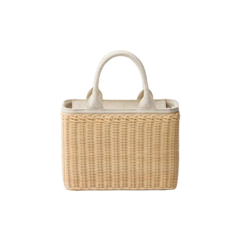 PRADA Wicker Handbag Medium Size Women's Tan & White-3