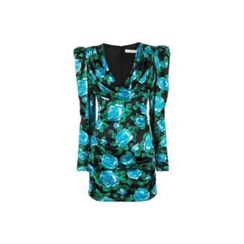Alessandra Rich Rose Printed Satin Draped Mini Dress