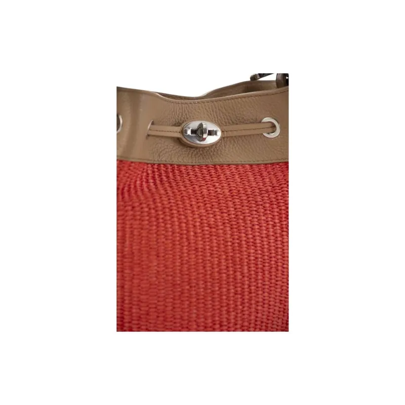 Zanellato Raffia With Leather Bucket Bag, One Shoulder Handbag Trumpets Women's Red & Brown-4