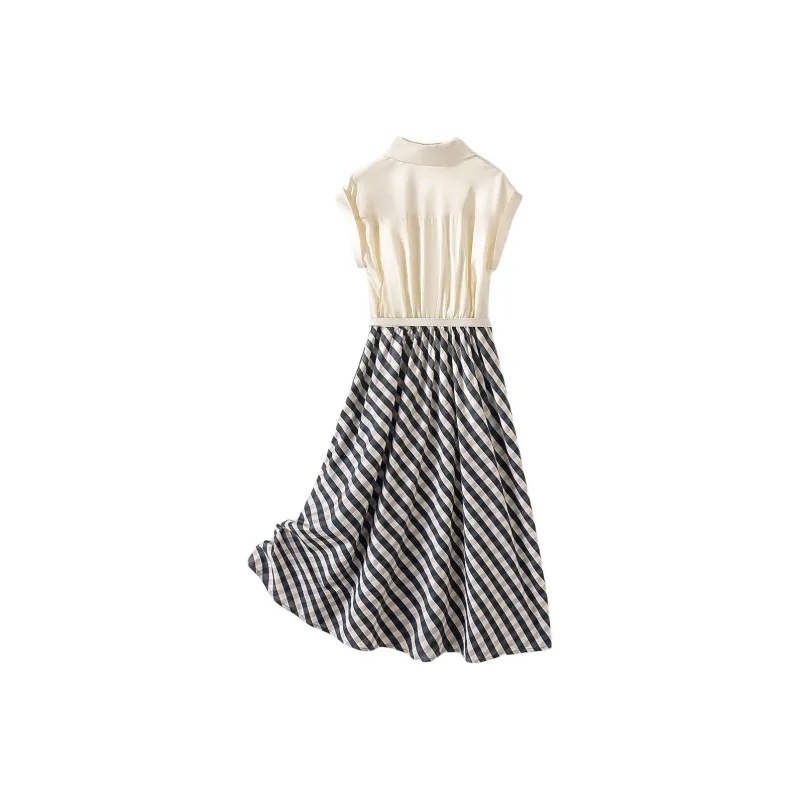 IHIMI Sleeveless Dresses Women's Beige+Checkered Plaid-2