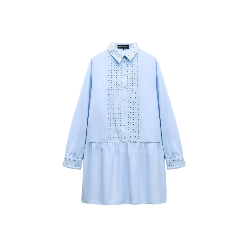 ZARA Long-Sleeved Dresses Women's Sky Blue-0