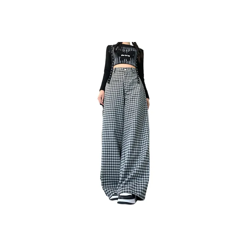 Mu Xiao Xin Casual Pants Women's Black White Plaid-0