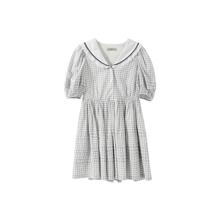 YUMOMO STAR Short Sleeved Dresses Women's White Plaid-0
