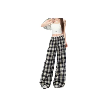 Wen Shan Casual Pants Women's Lace Trim Plaid