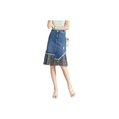 Mo Han Yi Mei Denim Long Skirt Women's Denim Blue