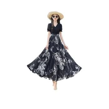 Cypress House Short-Sleeved Dresses Women's Top Black Bottom Black With White Flowers