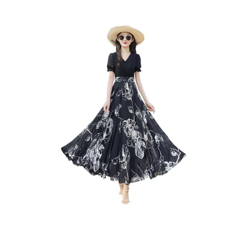 Cypress House Short-Sleeved Dresses Women's Top Black Bottom Black With White Flowers