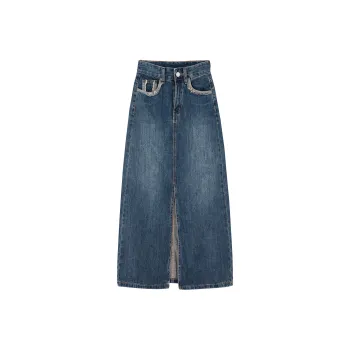 QYPRF Denim Long Skirts Women's Vintage Blue