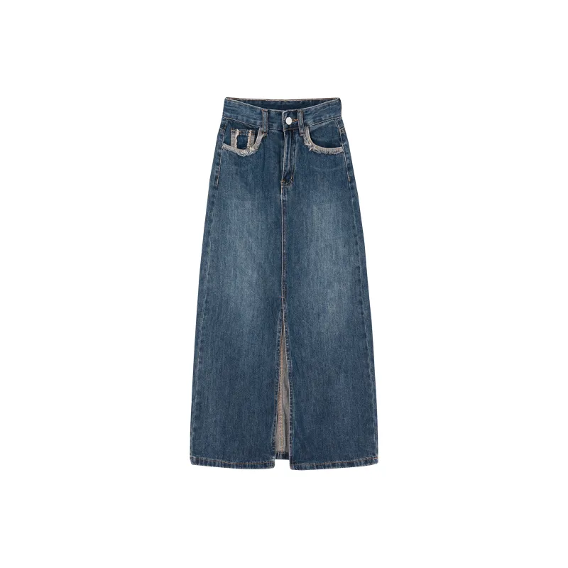 QYPRF Denim Long Skirts Women's Vintage Blue-0