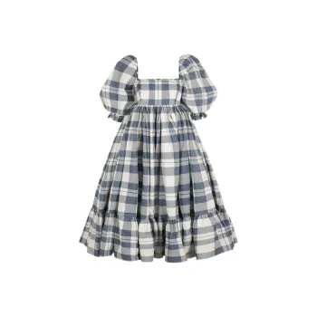 Selkie Collection FW24 Short Sleeved Dresses Women's Navy Blue With White Plaid Tea Towel Print