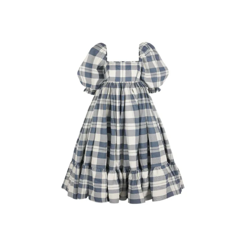 Selkie Collection FW24 Short Sleeved Dresses Women's Navy Blue With White Plaid Tea Towel Print-0