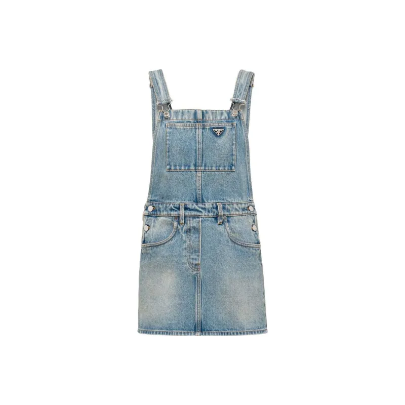 PRADA Logo plaque Denim Bib Dress-0