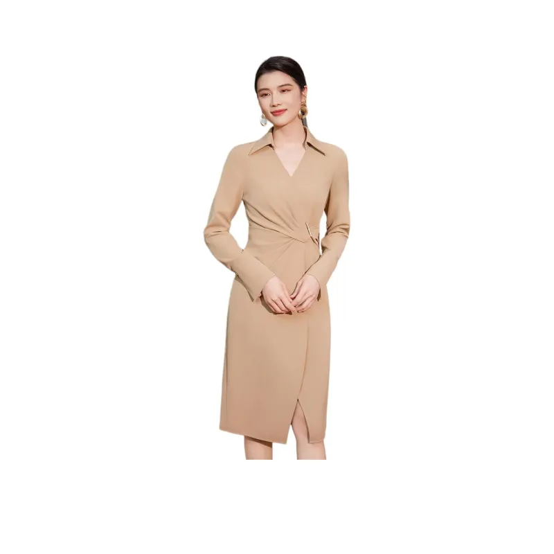 BBLLUUEE Long Sleeved Dress Women's Elegant Camel-0