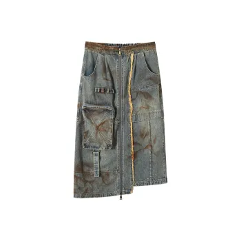 BE ALL KABUTO Denim Long Skirt Women's Dirty Washed Blue