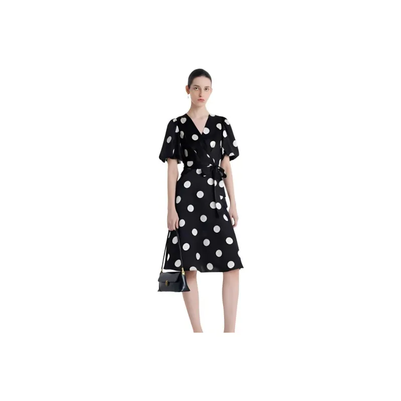 GOELIA Short Sleeved Dress Women's Black With White Dot-0