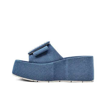 KMD Rubber Sole Metal Rhinestone Quiet Cushioning Slide Slippers Women's Blue