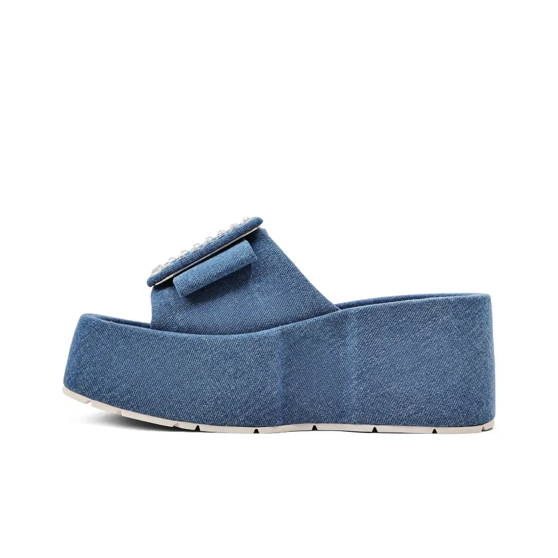 KMD Rubber Sole Metal Rhinestone Quiet Cushioning Slide Slippers Women's Blue-0