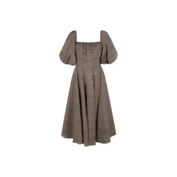 Selkie Collection FW24 Short Sleeved Dresses Women's Brown Base With Houndstooth Plaid Print