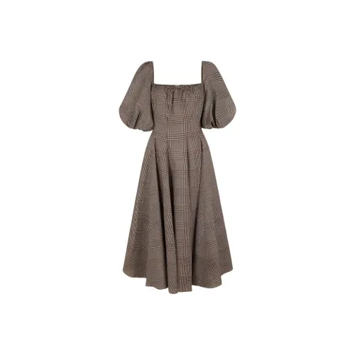 Selkie Collection FW24 Short Sleeved Dresses Women's Brown Base With Houndstooth Plaid Print