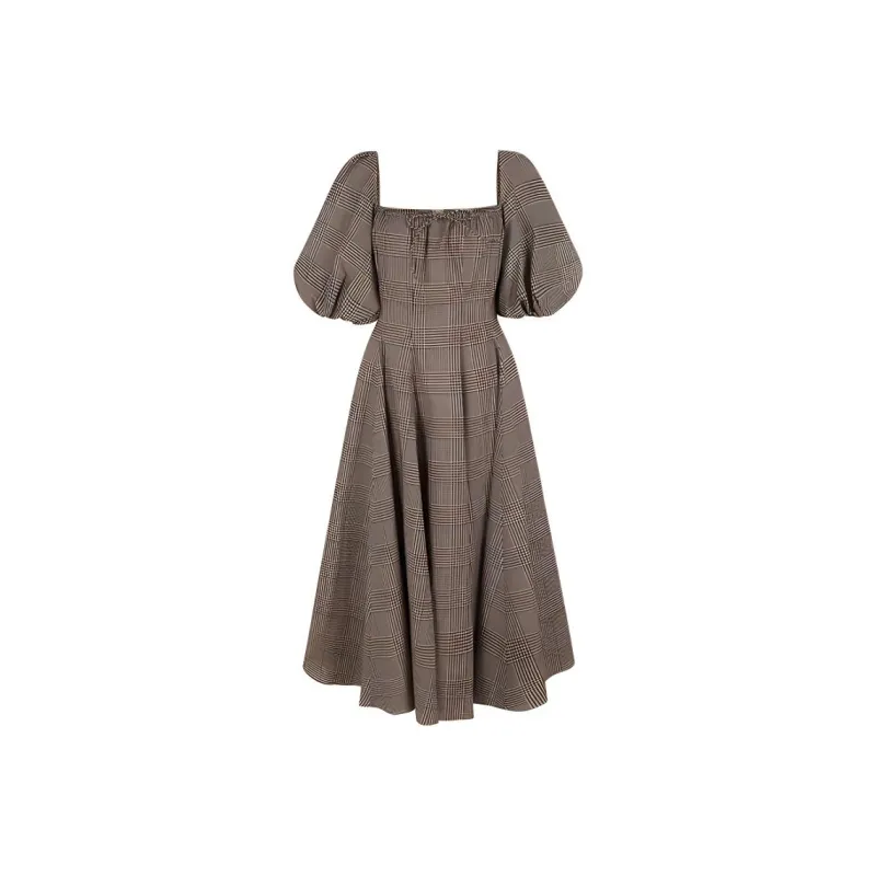 Selkie Collection FW24 Short Sleeved Dresses Women's Brown Base With Houndstooth Plaid Print-0