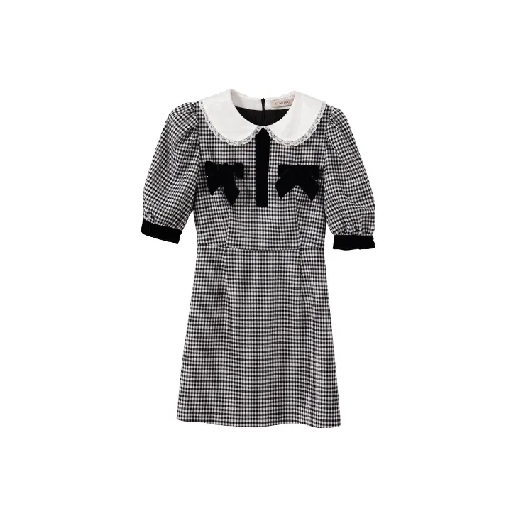 YUMOMO STAR Short Sleeved Dresses Women's Black White Plaid-0