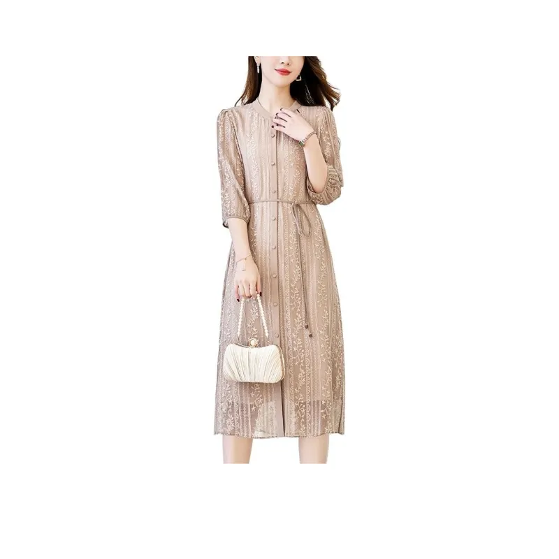 Yi Mengyuan Silk Long Sleeved Dress Women's Coffee-0