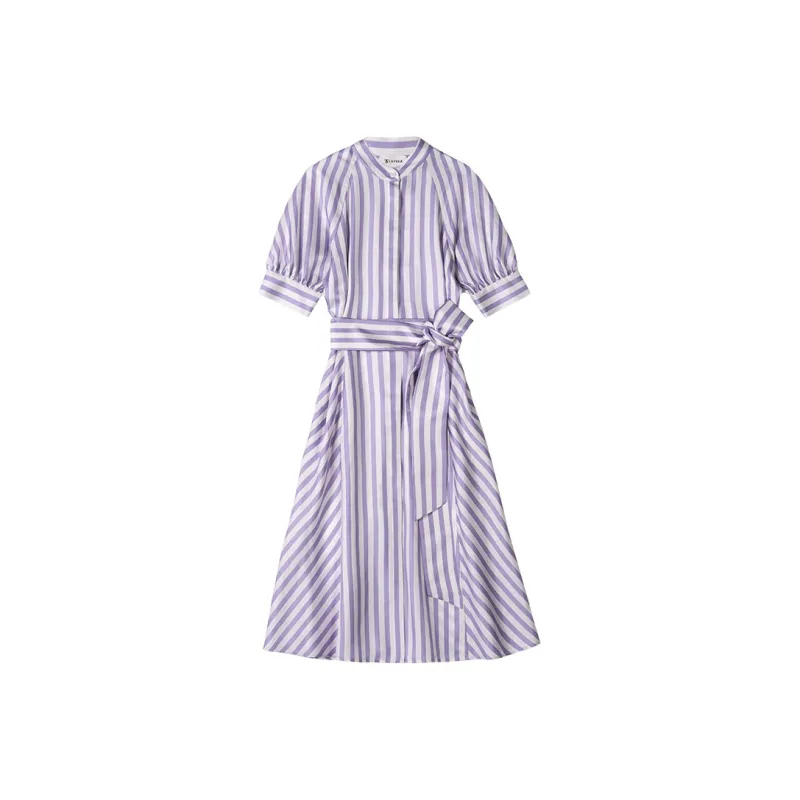 LILIXIUKE Short Sleeved Dresses Women's Purple White Stripes-0