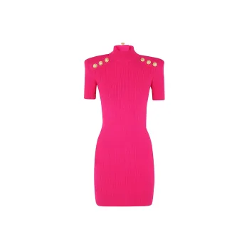 BALMAIN Mock Neck Button-Embellished Ribbed Mini Dress