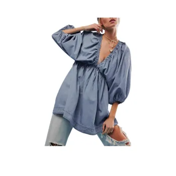 FREE PEOPLE Portia Denim Mini Dress Long-Sleeved Dresses Women's Light Indigo Wash/Aphid Blue Wash