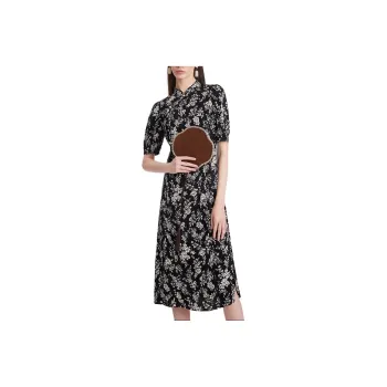 GOELIA Short Sleeved Dress Women's Black With Ecru Camellia Floral