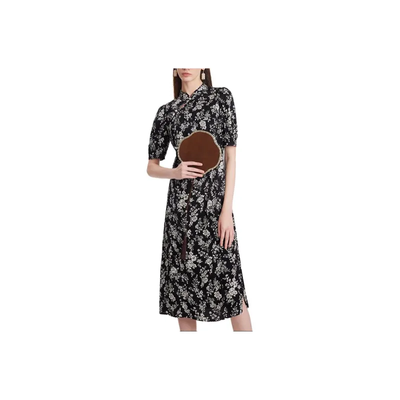 GOELIA Short Sleeved Dress Women's Black Sole Ecru Camellia-0
