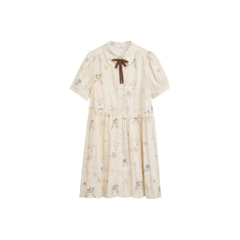 ZIHAN Short Sleeved Dress Women's Beige With Print-0