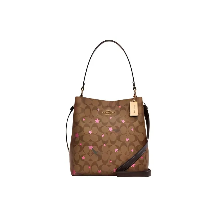 COACH Town Canvas With Leather Bucket Crossbody Bag Medium Size Women's Coffee-0