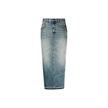 R13 Raw Cut Hem Midi Denim Skirt
