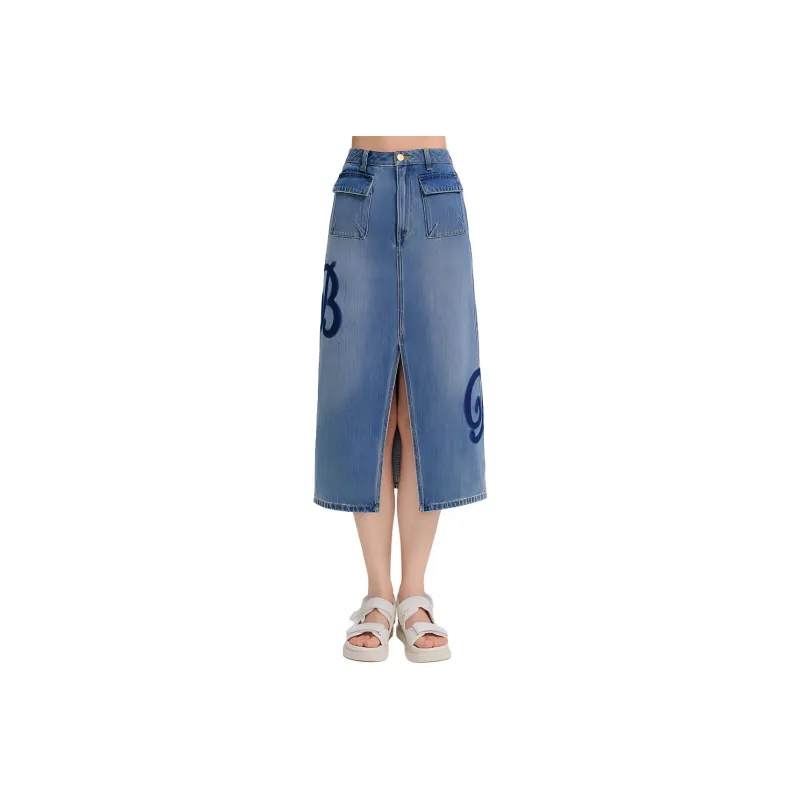 Blood Glitter Denim Long Skirts Women's Blue-0