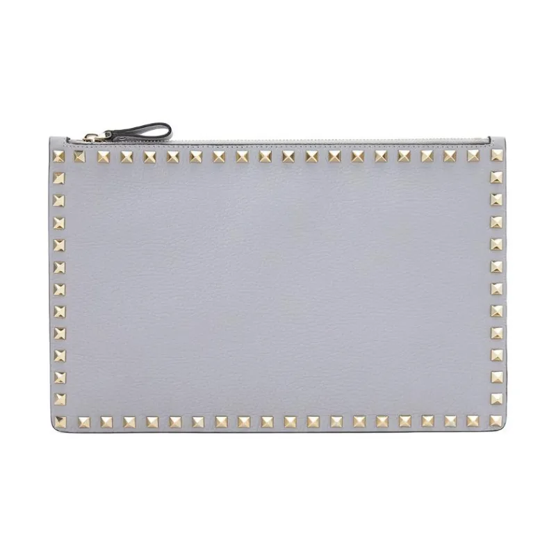 Valentino Rockstud Cow Leather Clutch Women's Gray-2