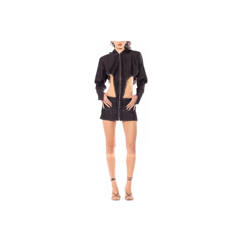 SAMI MIRO VINTAGE V CUT HOODIE DRESS IN RAW DENIM Long-Sleeved Dresses Women's BLACK/Black-0