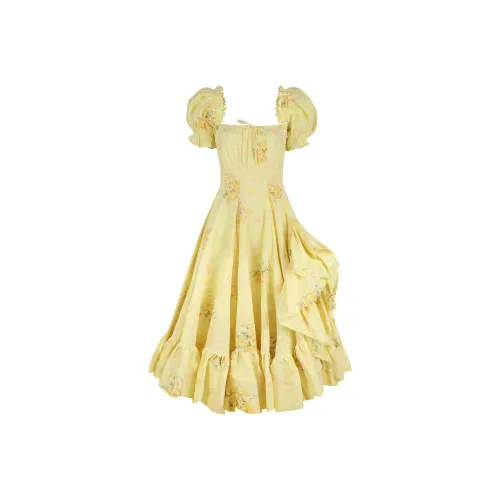 Selkie Collection x Bridgerton FW24 Short-Sleeved Dresses Women's PENELOPE Yellow Base Touch Me Not Floral Print