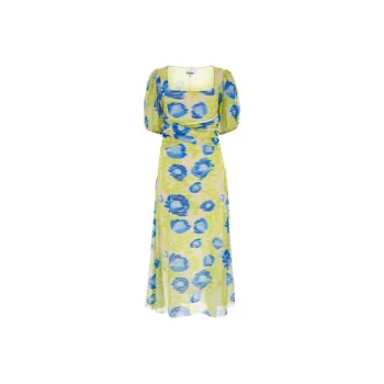 GANNI Printed Mesh Puff Sleeved Midi Dress