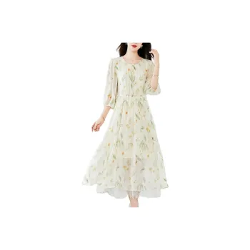 Yi Mengyuan Silk Long Sleeved Dress Women's Apricot