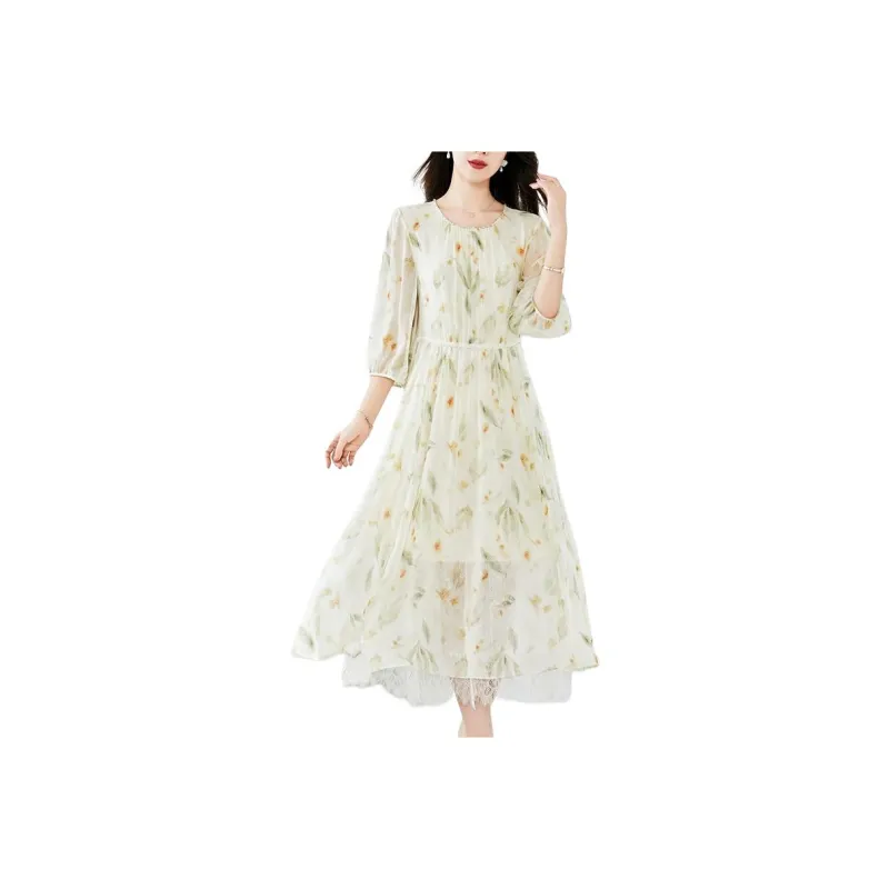 Yi Mengyuan Silk Long Sleeved Dress Women's Apricot-0
