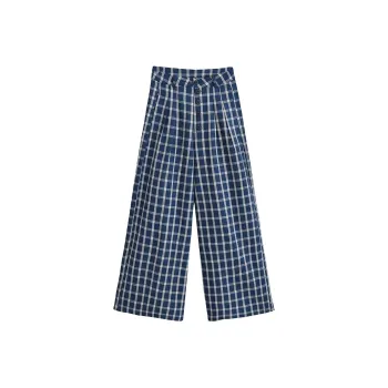 FLIM Plaid Casual Pants Straight Fit Loose Fit Thin Pants Women's Blue Includes Gift Box Set