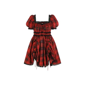 Selkie Collection FW24 Short Sleeved Dresses Women's ROYAL TARTAN Red Background Classic Square Print