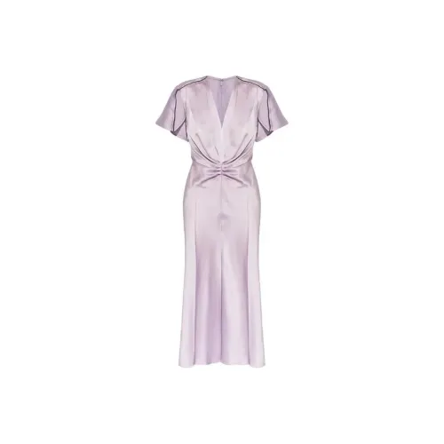 Victoria Beckham V Neck Ruched Satin Midi Dress