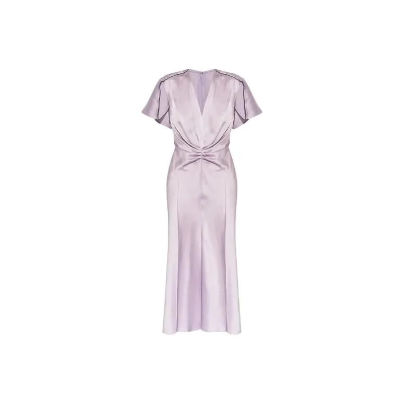 Victoria Beckham V Neck Ruched Satin Midi Dress-0