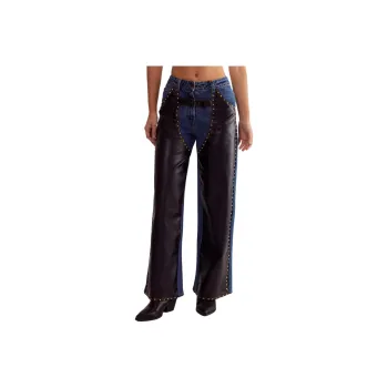 NASTY GAL Denim Pu Mix Chaps Jeans Women's Dark Color Washable